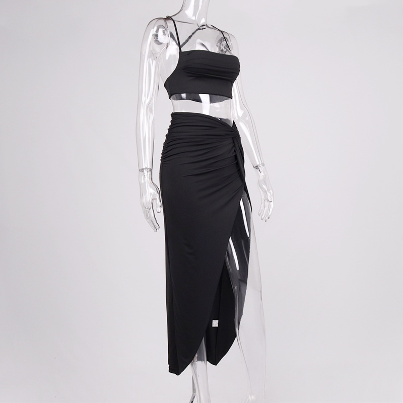 Summer Women Pleated Crop Top Spaghetti Strap High Slit Long Skirt Two Piece Set for Women