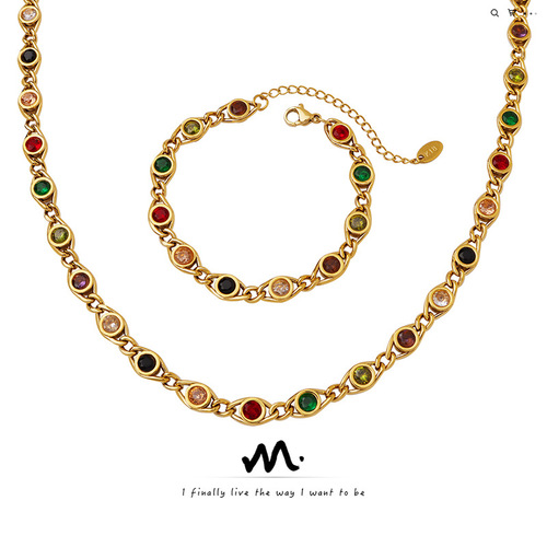 Elegant and Trendy Fish Eye Design Multicolored Zirconia Beaded Chain Necklace, Unique and Fashionable Copper Material Bracelet Set