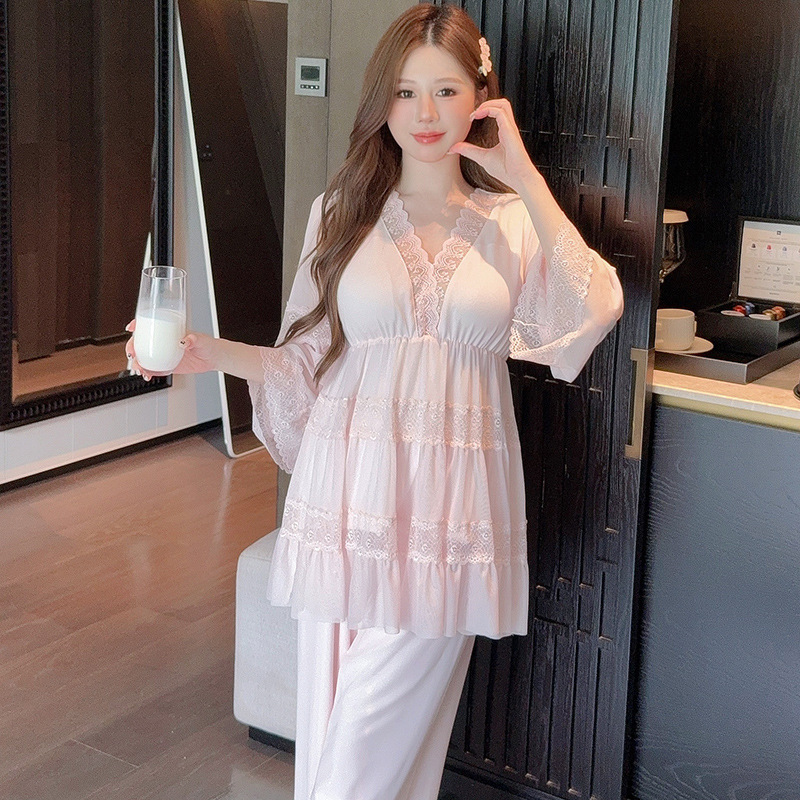 凌蕾春秋新款纯色蕾丝花边甜美宽松公主风网纱睡衣套装家居服|undefined