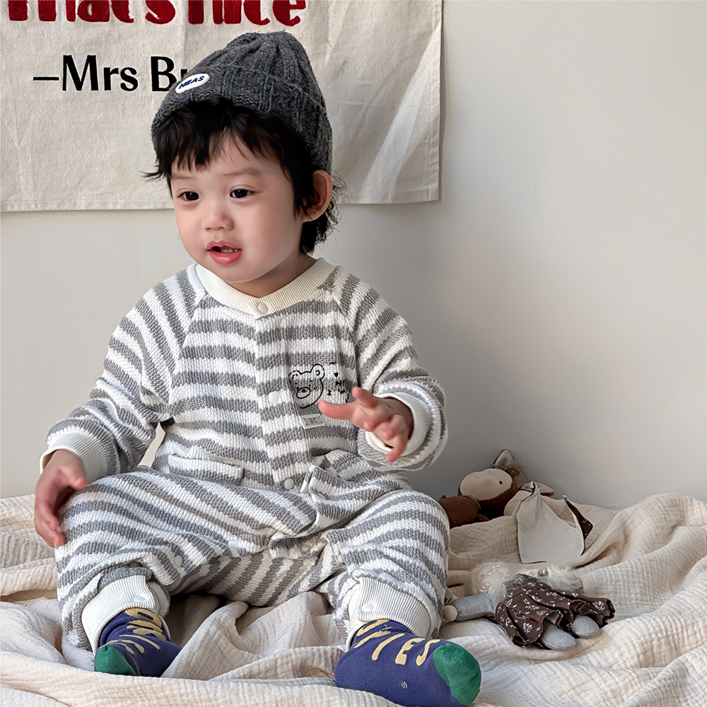 Ropa de bebé, ropa de primavera y otoño, mameluco de manga larga de dibujos animados a rayas, mameluco para bebés, ropa de salida