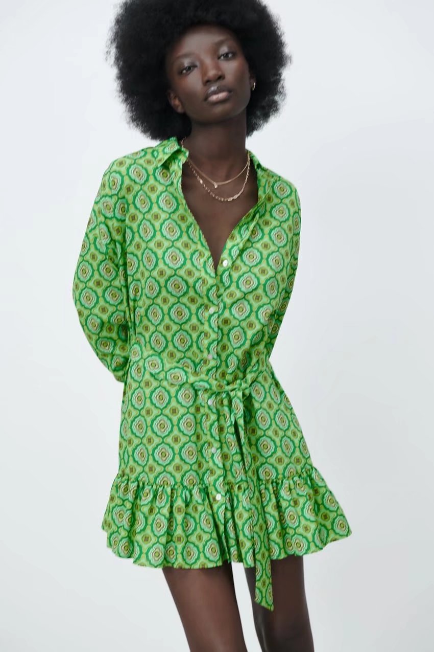 green geometric printed long-sleeved lace-up ruffled hem shirt dress  NSAM123231