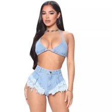 欧美跨境欧美短三角牛仔挂脖毛边翘臀热裤性感夜店比基尼吊带套装