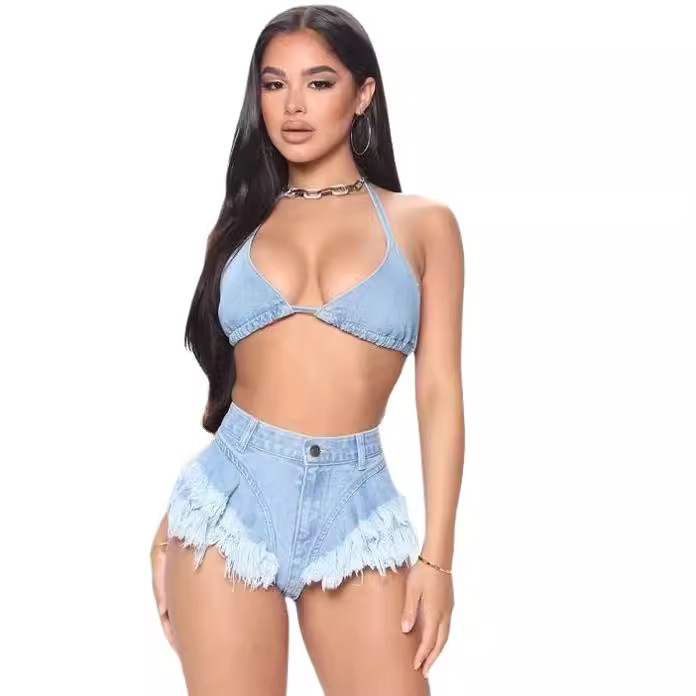 欧美跨境欧美短三角牛仔挂脖毛边翘臀热裤性感夜店比基尼吊带套装