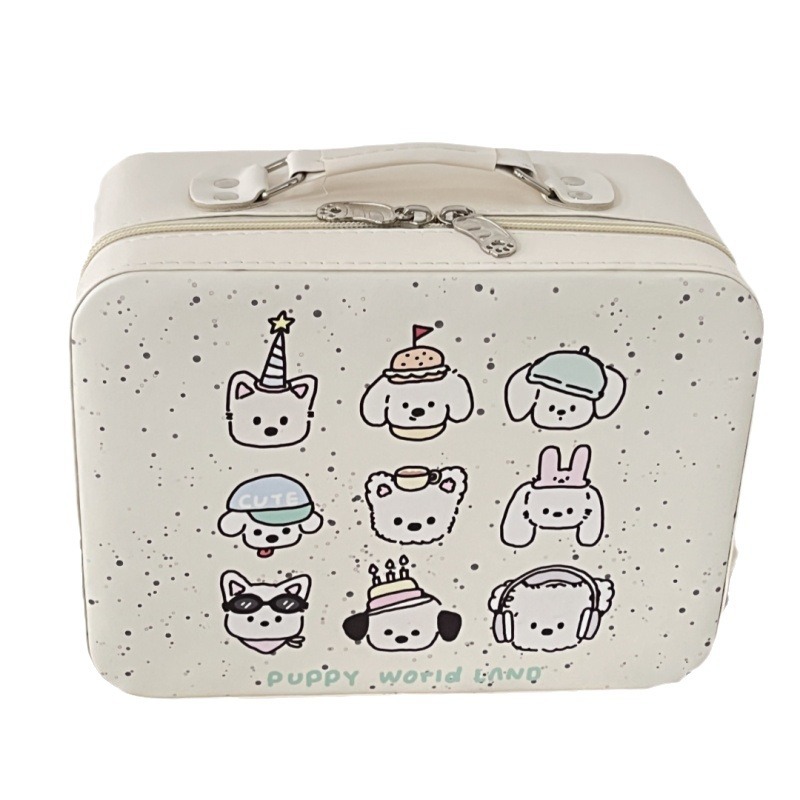 Caja de maquillaje de cachorro de corazón de niña con impresión linda original, bolsa de maquillaje portátil de gran capacidad con espejo, caja de almacenamiento portátil