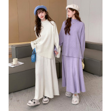 韩系半高领毛衣套装女秋冬季休闲设计感开叉上衣针织半身裙两件套