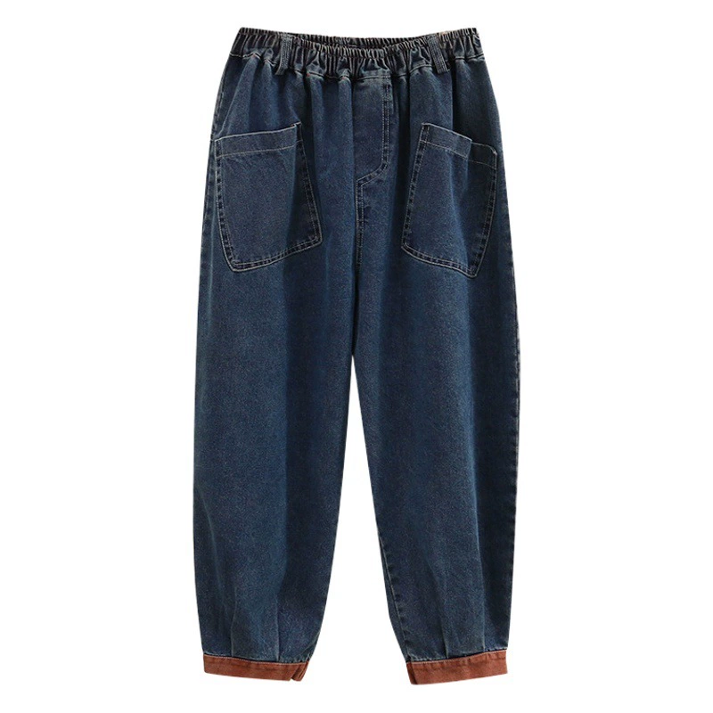 Джинсовые брюки-шаровары больших размеров на весну и осень 100kg года, повседневные, стройнящие, с цветовыми блоками, укороченные, женская одежда больших размеров 4981