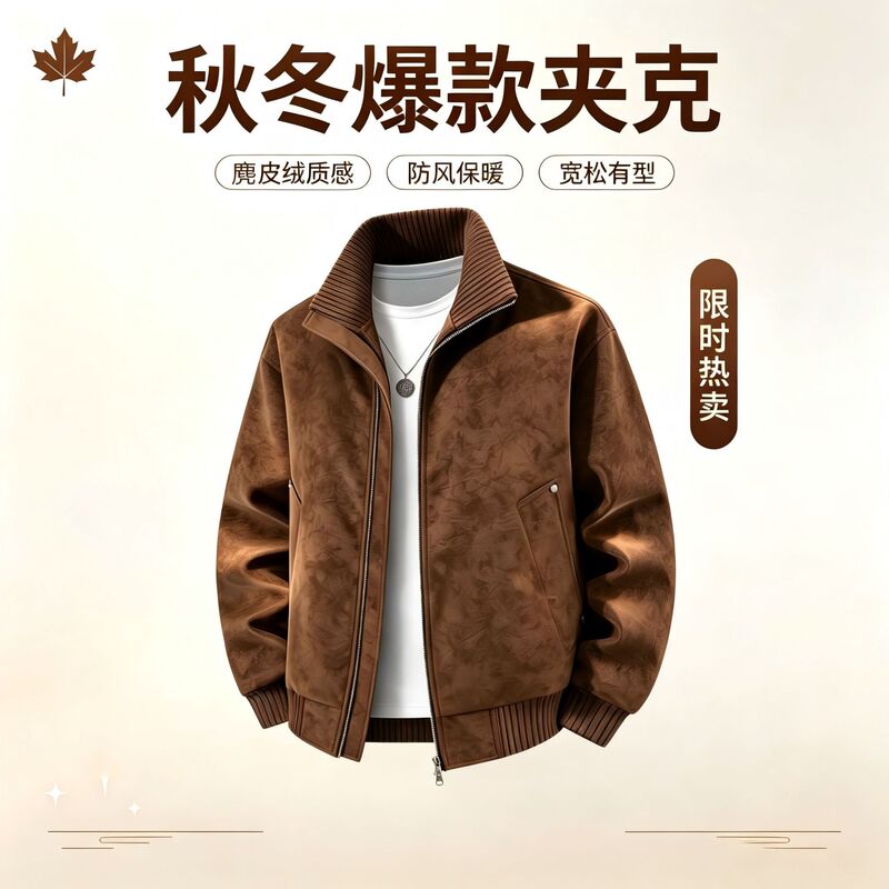 Plus-size autumn and winter new style turn-down collar faux PU leather jacket for men, casual, trendy, versatile, windproof and warm leather coat