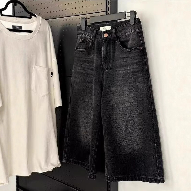 New Retro Black Washed Straight Jeans for Women Spring New Loose Casual High Waist Wide Leg Cropped Pants Trendy New Retro Black Washed Straight Jeans for Women Spring New Loose Casual High Waist Wide Leg Cropped Pants Trendy