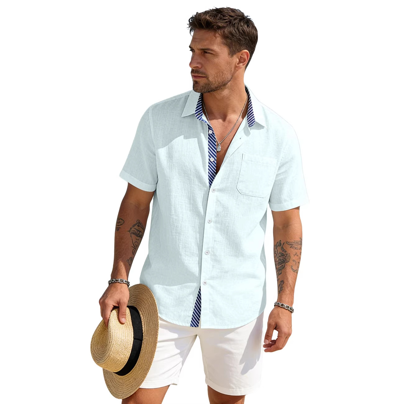 Verano europeo y americano nuevo hombre revestimiento a rayas de manga corta camisa de comercio exterior exterior casual europea americana