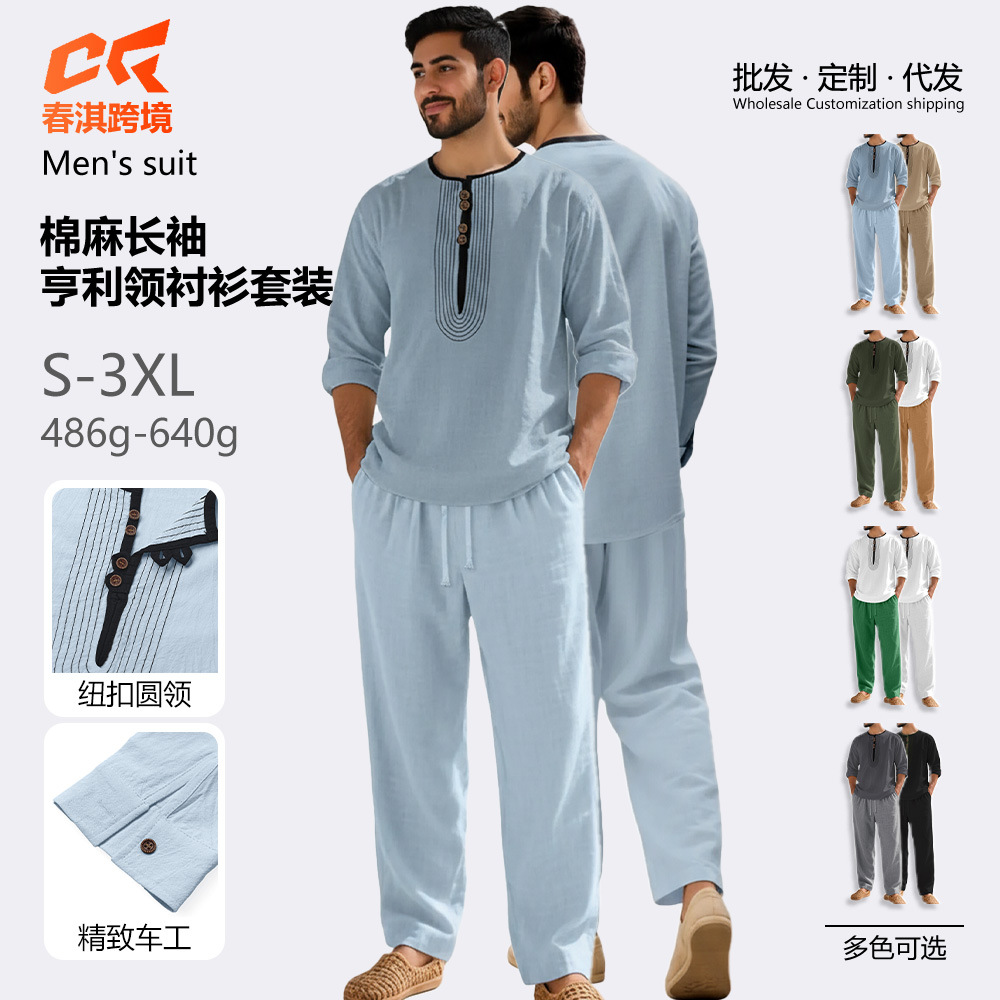 Nuevo transfronterizo Europa y América Amazon cuatro estaciones lino hombre relajado transpirable manga larga camisa larga juego de playa
