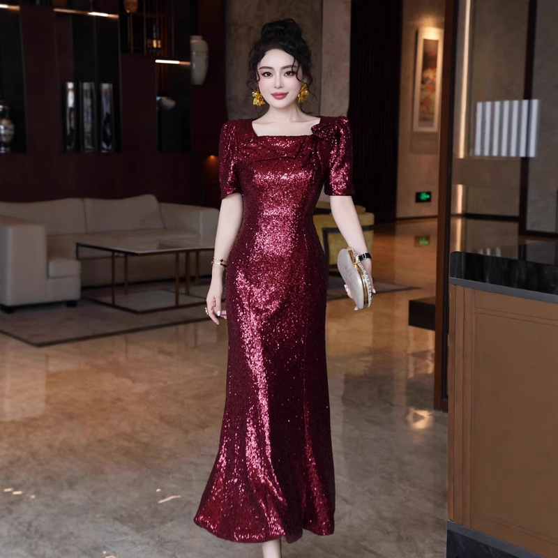 Designer Sequined Fishtail Skirt, Square Neck Short-Sleeved Slim Dress, Flower Shoulder Embellished Dinner Dress, Accessible Luxury Women's Clothing