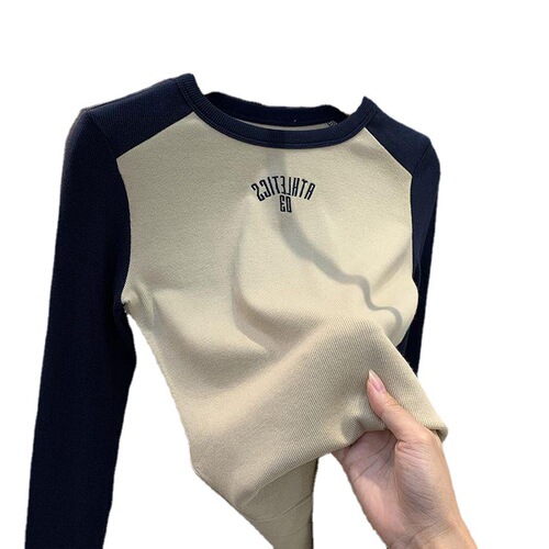 Round Neck Collar Splicing Long Sleeve T-Shirt for Women - Spring New Arrival Contrasting Color Fitted Base Shirt for Layering - Stylish Top