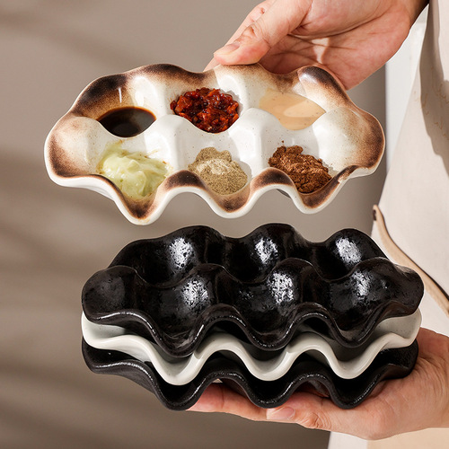 Retro household ceramic storage plate egg tray sauce dish seasoning dish compartment vinegar soy sauce dish candy dish