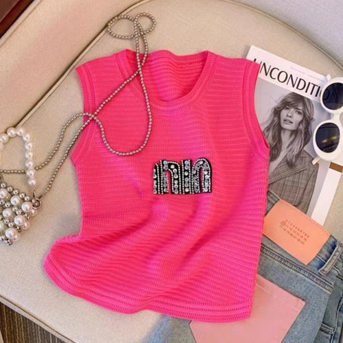 Women's Summer White Letter Knit V-Neck Tank Top with Shoulder Straps - Trendy, Luxury, Slimming, Sleeveless Top