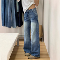 女性用ウォッシュブルーワイドレッグジーンズ、小柄なペアシェイプボディ、ローウエストストレートパンツ、スリムデニムワイドレッグパンツ