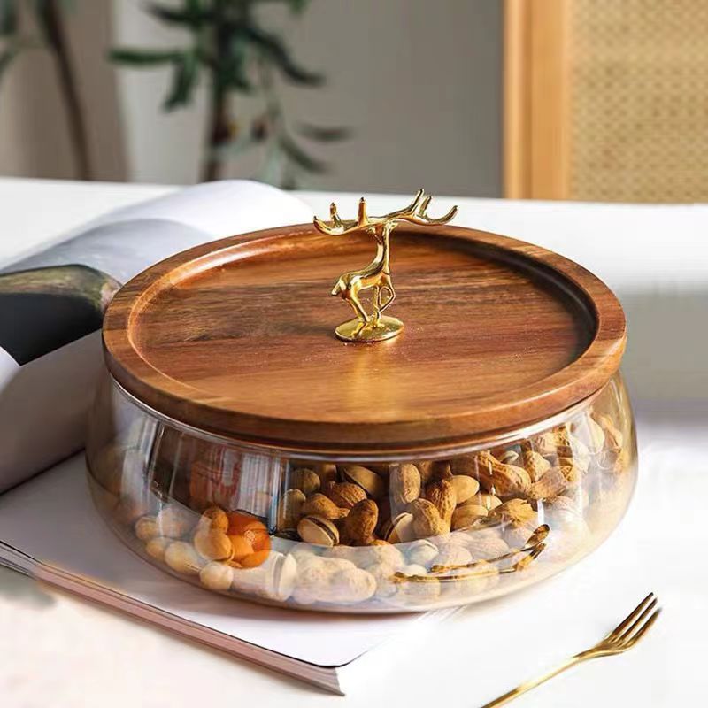 Acacia Wood High-grade Fruit Plate Household Creative European-style Double-layer Glass Dried Fruit Melon and Nut Plate Candy Storage Box