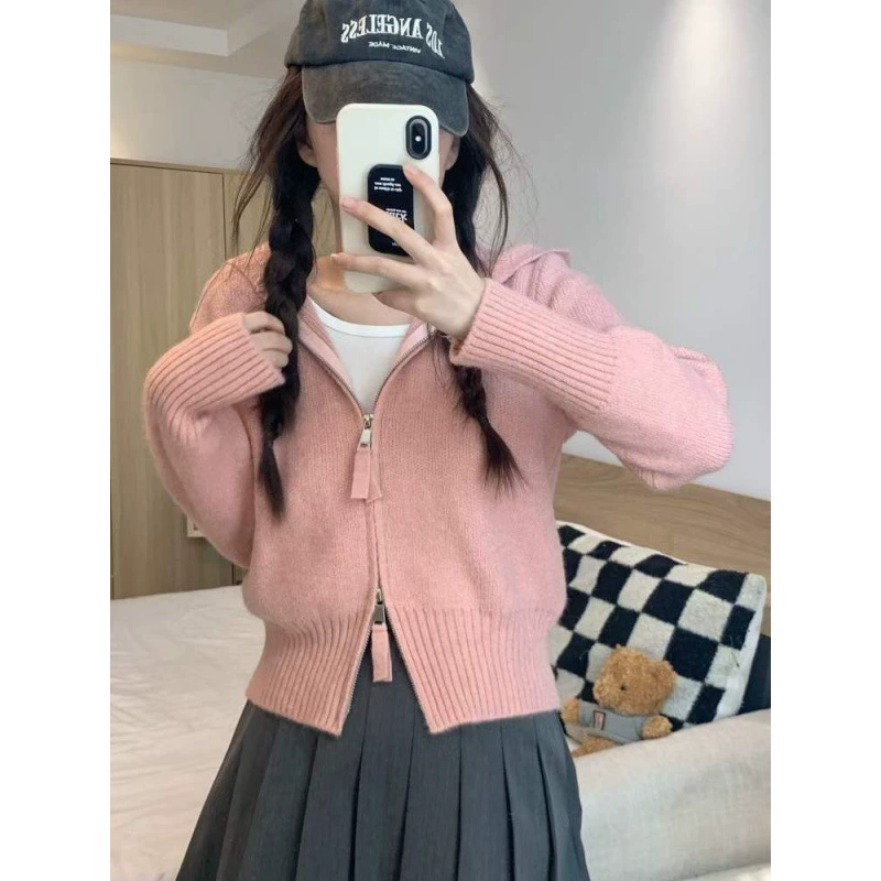 Вязаный худи (TikTok) короткая трикотажная кофта на молнии, демисезон, one size
