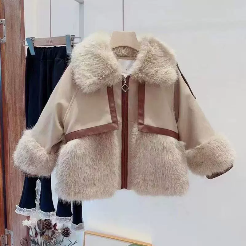 外贸中大女童秋冬加绒皮草大衣女孩时尚加厚派克服外套皮衣毛毛衣
