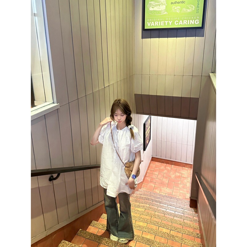 Korean Style Sweet White Puff Sleeve Shirt Babydoll Shirt for Women Summer Loose Design Versatile Lace-Up Top