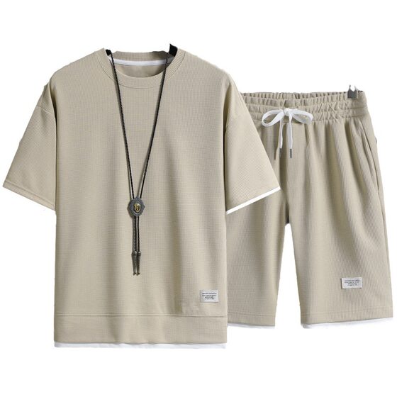 New waffle summer men's casual sports suit men's loose handsome men's short-sleeved T-shirt shorts men's clothing