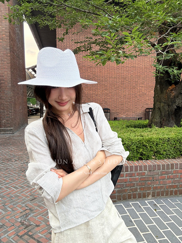 衬衫女夏季韩系休闲翻领V领松弛感慵懒风长袖衬衫拉链正肩上衣夏|undefined