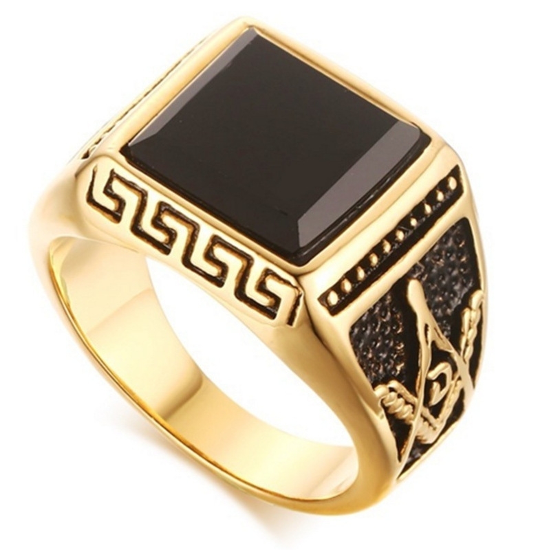 Cross-Border European and American Retro Ag Men's Ring, Alloy Gold-Plated with Black Imitation Onyx, Masonic Symbol Ring, New Model Cross-Border European and American Retro Ag Men's Ring, Alloy Gold-Plated with Black Imitation Onyx, Masonic Symbol Ring, New Model