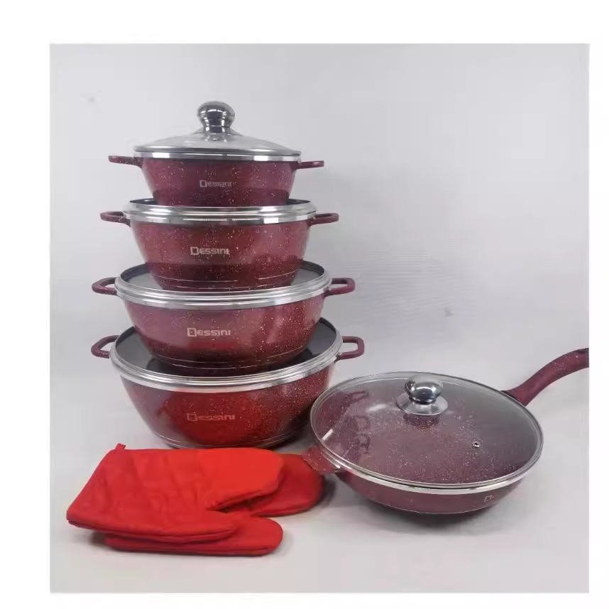 Olla antiadherente de aluminio Olla de sopa de arroz de trigo Olla de fundición a presión con tapa de vidrio coreana multifuncional Juego de ollas de cocina de 12 piezas