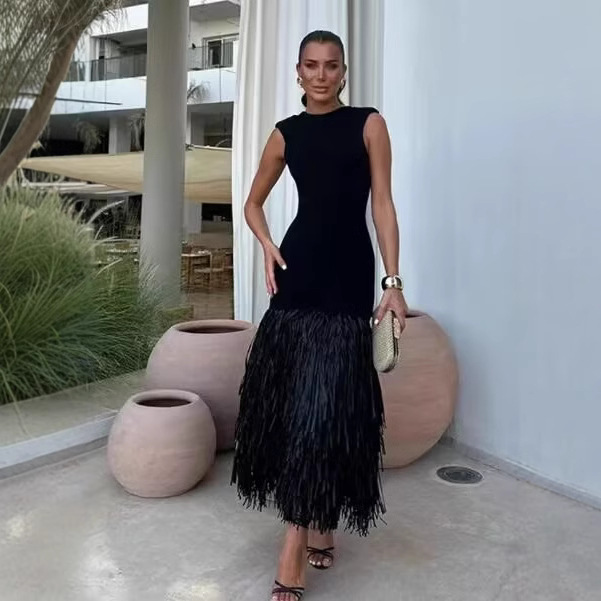 Amazon cross-border wholesale European and American socialite wind big backless tassel hem slim sexy sleeveless dress
