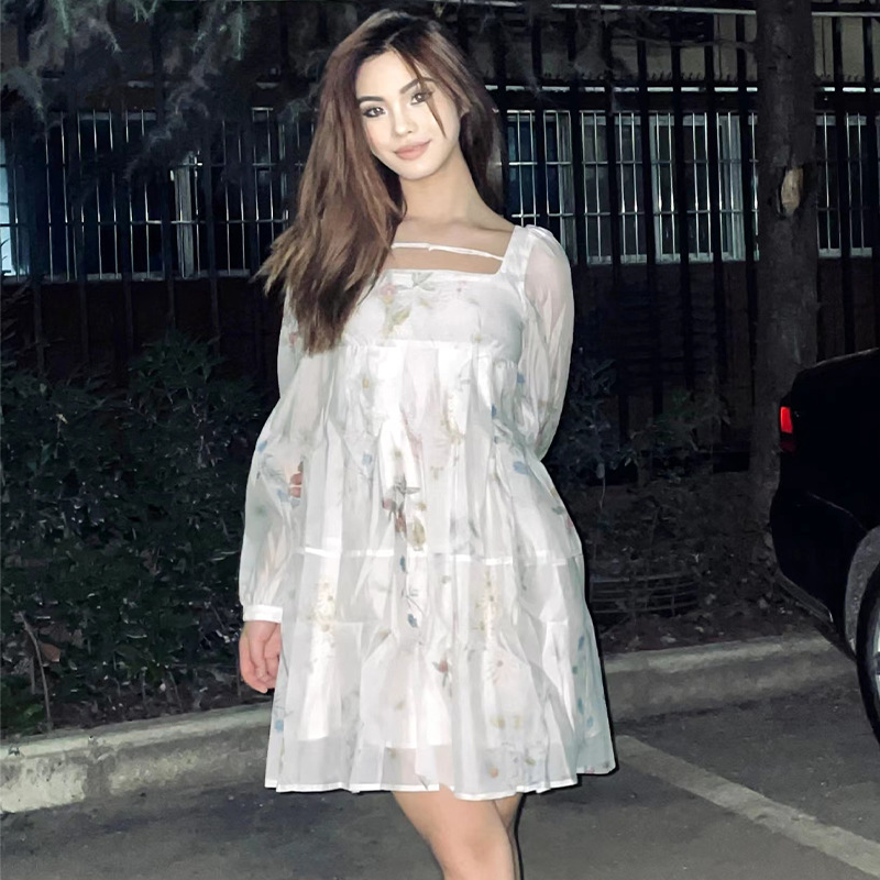 特价i清仓法式印花大方领茶歇裙仙女蓬蓬裙收腰连衣裙不退不换