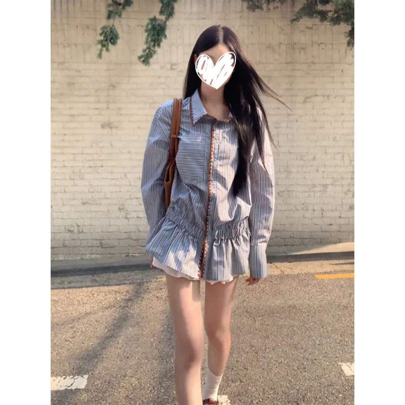 法式撞色条纹收腰长袖衬衫女装2025秋季新款休闲显瘦翻领开衫外套|undefined