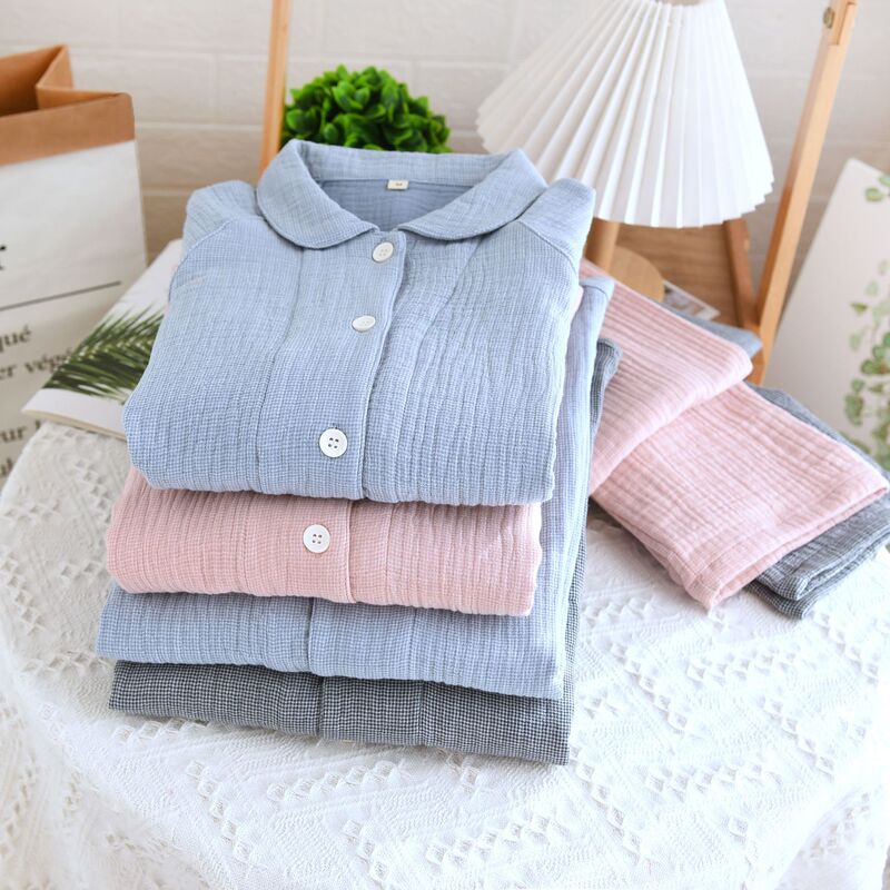 Spring Autumn Winter Cotton Four-layer Gauze Couple's Pajamas Cover Plus Size Home Wear Long-sleeved Trousers Crepe Cotton suit Spring Autumn Winter Cotton Four-layer Gauze Couple's Pajamas Cover Plus Size Home Wear Long-sleeved Trousers Crepe Cotton suit