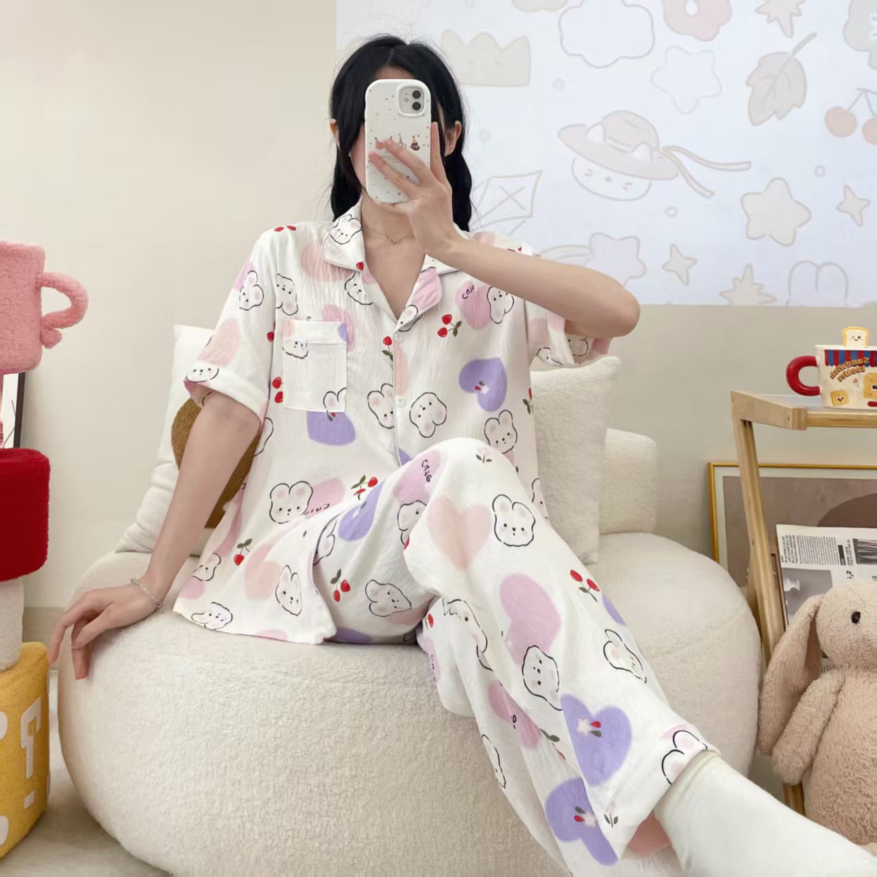 Comercio exterior al por mayor nubes de algodón de manga corta pantalones cardigans con la solapa pijamas de dibujos animados de mujer verano dulce ropa doméstica transfronteriza