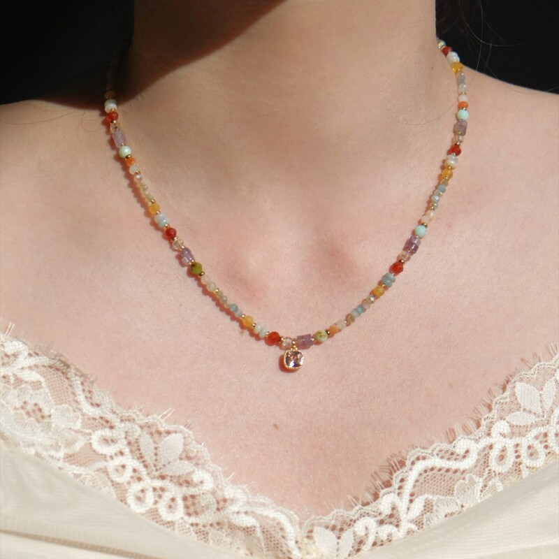 "Neishangwu" French-Style Retro Rainbow Beaded Necklace, High-End Clavicle Chain, New Summer Dopamine Neck Chain