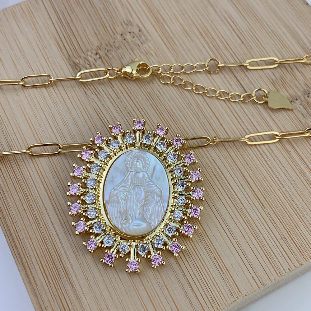 Copper Chain Material Natural Fritillary Copper Plating Human Virgin Mary Zircon Pendant Necklace