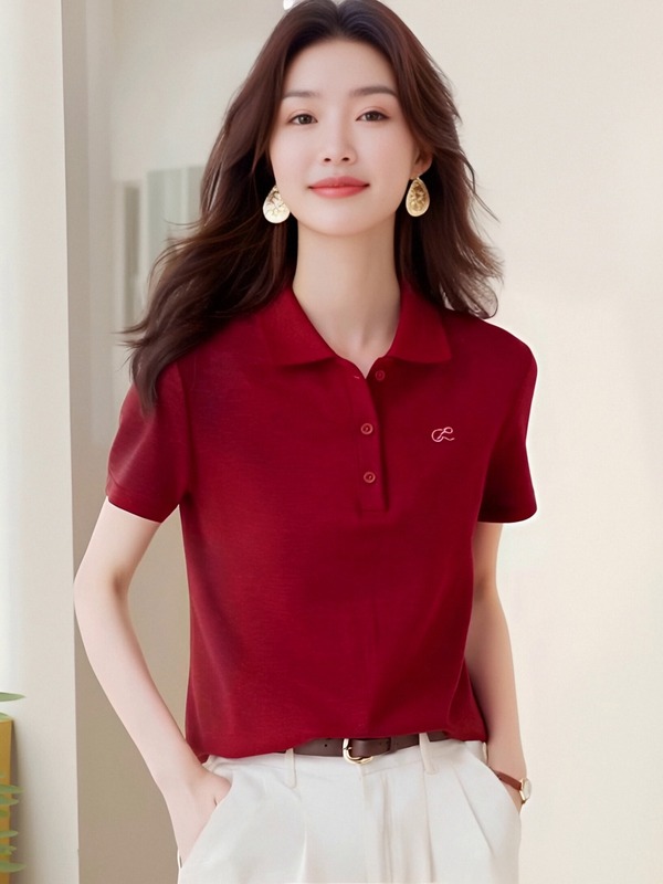 2025新款红色减龄百搭polo领撞色刺绣短袖衬衫女洋气刺绣翻领上衣|undefined