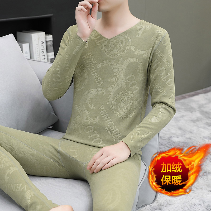2024 men's autumn and winter V-neck thermal underwear suit double-sided printed velvet thermal underwear suit thermal suit 2024 men's autumn and winter V-neck thermal underwear suit double-sided printed velvet thermal underwear suit thermal suit