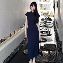 新中式女装改良旗袍长裙赫本风气质别致国风藏蓝色连衣裙子女夏季