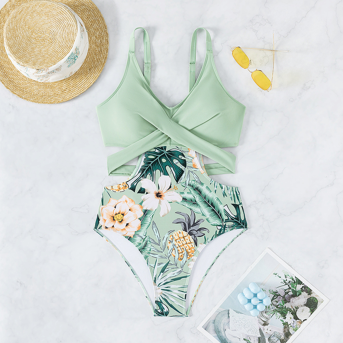 Cut-Out Tie-Front One-Piece Swimsuit, Floral Print Sexy Monokini For Women, Elegant Beach & Pool Wear_ecoleips.com