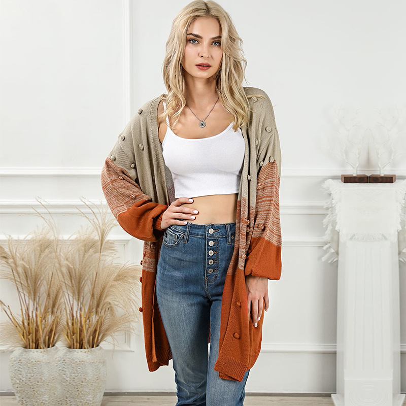 Trendy European and American Gradient Color Mid-Length Knitted Cardigan for Women, Autumn New Loose Fashion Personality Buttonless Cardigan for Women