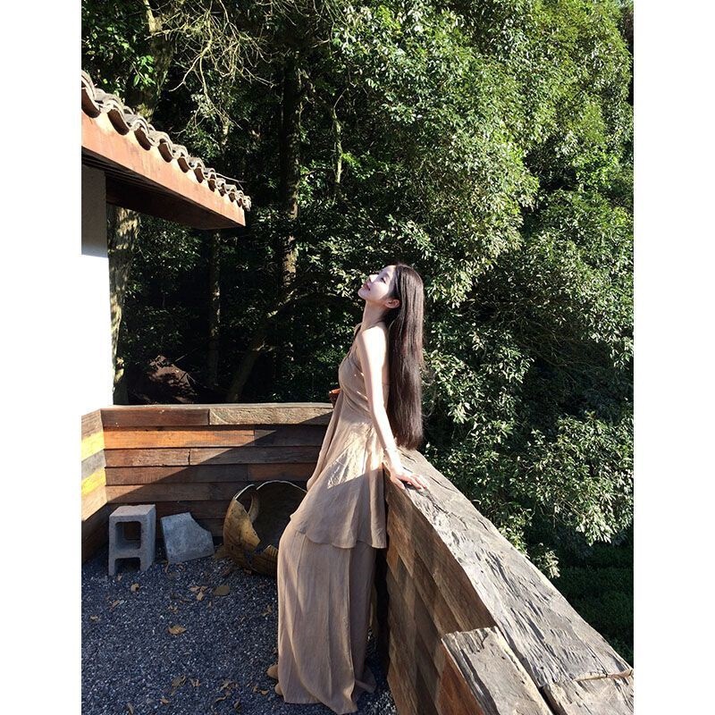 巨好看的夏装一整套老钱风不规则吊带上衣高腰宽松休闲裤两件套装|undefined