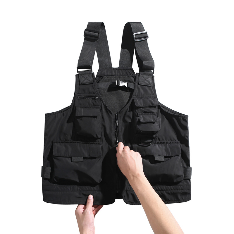 作業服日本のレトロなマルチポケット機能的なスタイルのベストノースリーブベストベスト兼用ショルダーバッグジャケットメンズトレンディなプリント|undefined