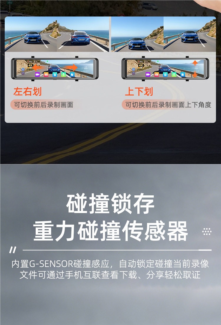 Front and Rear 4K Electronic Rearview Mirrors, In-Car Streaming Media Driving Recorder, Reversing Image, Blind Spot, Carplay Navigation