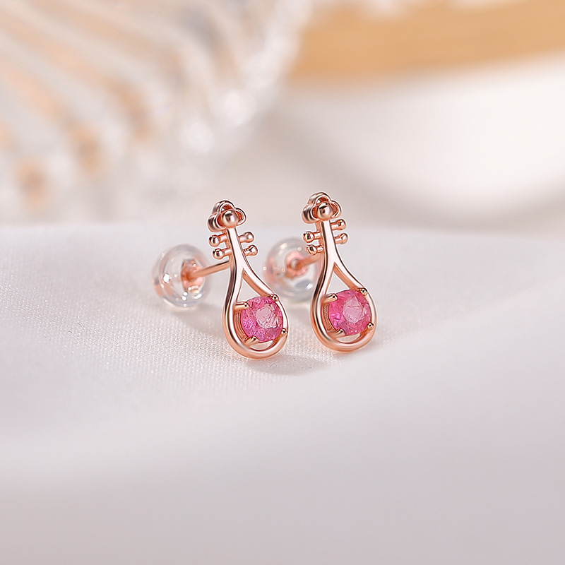Bông tai nữ bạc S925 mạ vàng hồng đính tourmaline pipa hạt tròn phong cách Trung Hoa — Một cặp (màu tourmaline ngẫu nhiên)