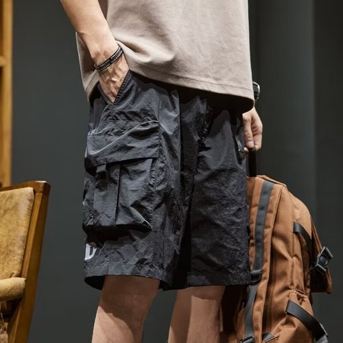 Japanese style workwear shorts for men, loose fit, quick-drying ice silk casual five-pocket shorts, summer thin model sports mid-rise pants