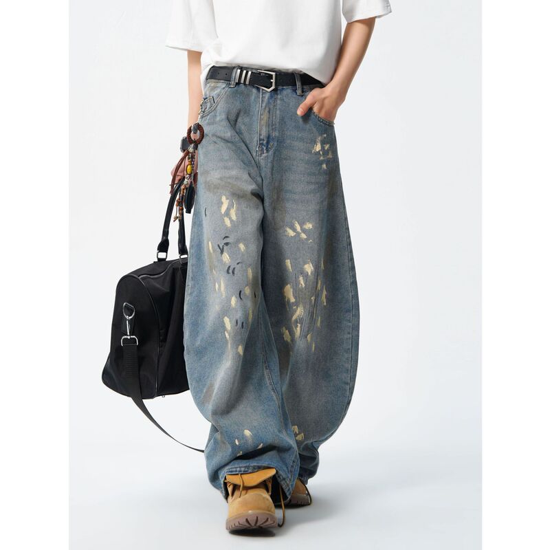 American Retro Scimitar Jeans for Men and Women, Spring and Autumn New Splatter Ink Dirty Straight Loose Casual Long Pants
