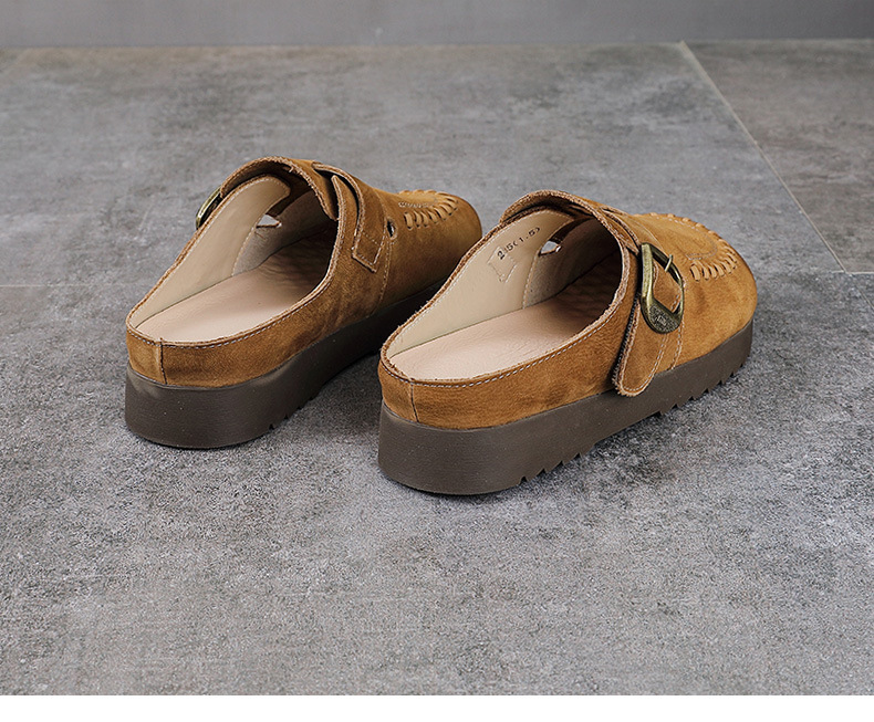 Dép sandal nữ bít mũi đế bệt da thật mềm mại form tròn — màu kaki chi tiết 15