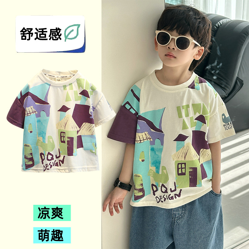 7933 Camiseta de manga corta para niños Ropa de verano Ropa para niños Bebé para niños Ropa delgada de verano de media manga para niños