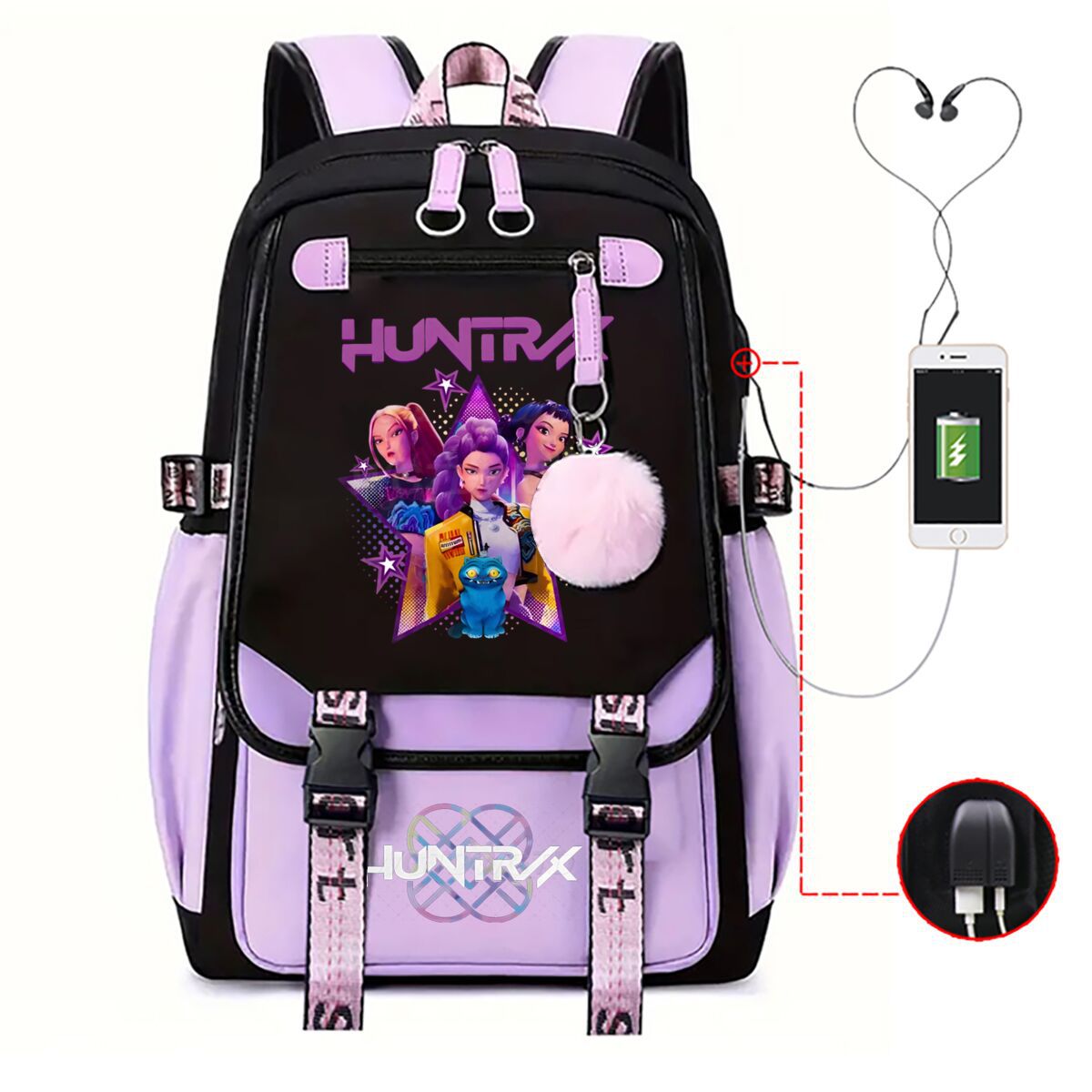 Cartoon animado impresión de contraste de color neutro mochila de moda USB transfronteriza gran capacidad mochila de estudiantes coreanos