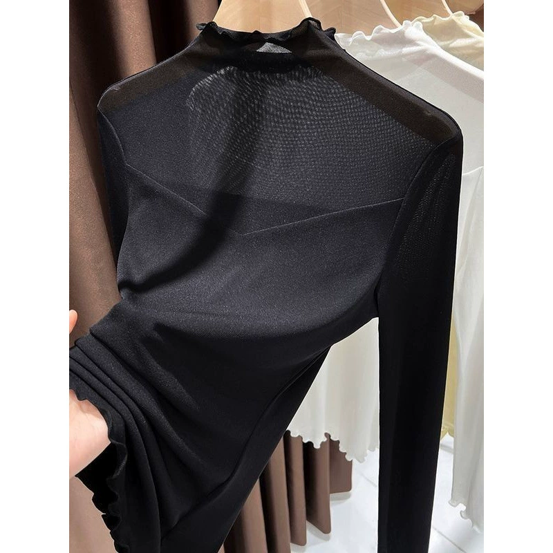 Иностранный деревянный ухо с полувысоким воротником сетчатая нижняя рубашка женская высококлассная кружевная тюля топ с длинными рукавами 2024 новый