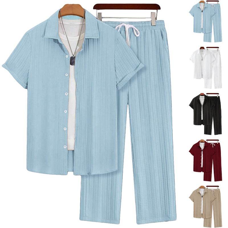Neue grenzüberschreitende europäische und amerikanische Herrenmode in Übergrößen: Hawaiianische Business-Casual-Kleidung mit lockeren, kurzen Ärmeln und langer Hose_voghion.com